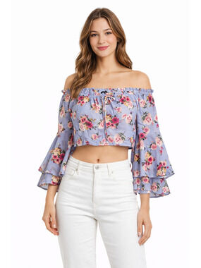 Blashe Floral Bell Sleeve Off Shoulder Fairy Crop Top Womens M Purple Chiffon